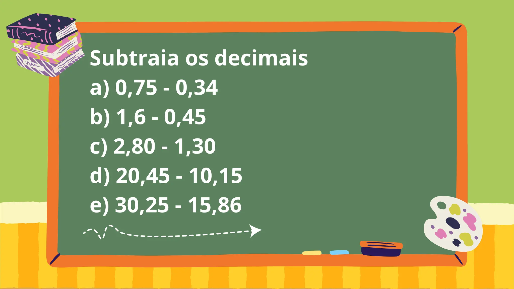 Subtraia os decimais
a) 0,75 - 0,34
b) 1,6 - 0,45
c) 2,80 - 1,30
d) 20,45 - 10,15
e) 30,25 - 15,86
 
