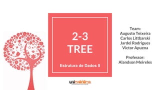 2-3
TREE
Estrutura de Dados II
Team:
Augusto Teixeira
Carlos Littbarski
Jardel Rodrigues
Victor Apuena
Professor:
Alandson Meireles
 