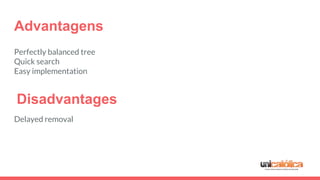 Advantagens
Perfectly balanced tree
Quick search
Easy implementation
Delayed removal
Disadvantages
 