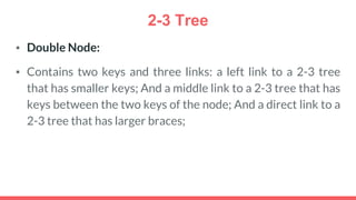2-3 Tree
▪ Double Node:
▪ Contains two keys and three links: a left link to a 2-3 tree
that has smaller keys; And a middle link to a 2-3 tree that has
keys between the two keys of the node; And a direct link to a
2-3 tree that has larger braces;
 