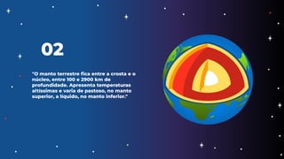 02
"O manto terrestre ﬁca entre a crosta e o
núcleo, entre 100 e 2900 km de
profundidade. Apresenta temperaturas
altíssimas e varia de pastoso, no manto
superior, a líquido, no manto inferior."
 