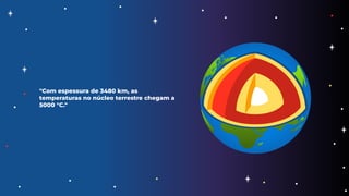 "Com espessura de 3480 km, as
temperaturas no núcleo terrestre chegam a
5000 °C."
 
