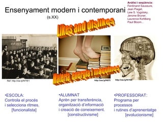 Anàlisi i seqüència:
                                                                                        Ferdinand Saussure,

Ensenyament modern i contemporani                                                       Jean Piaget,
                                                                                        Lew S. Vygotsky,
                                                                                        Jerome Bruner,
                           (s.XX)                                                       Laurence Kohlberg
                                                                                        Paul Bloom...




                                                                            http://ow.ly/f41NX
 Ref: http://ow.ly/f47W1                               http://ow.ly/f40YI
                                                                                          Neus Lorenzo


•ESCOLA:                            •ALUMNAT                                •PROFESSORAT:
Controla el procés                  Aprèn per transferència,                Programa per
i selecciona ritmes.                organització d’informació               processos
     [funcionalista]                i creació de coneixement.               i rutines d’aprenentatge
                                          [constructivisme]                         [evolucionisme]
                                                                                          Neus Lorenzo
 