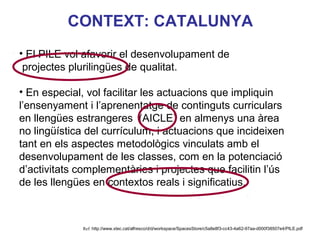 CONTEXT: CATALUNYA
• El PILE vol afavorir el desenvolupament de
 projectes plurilingües de qualitat.

• En especial, vol facilitar les actuacions que impliquin
l’ensenyament i l’aprenentatge de continguts curriculars
en llengües estrangeres (AICLE) en almenys una àrea
no lingüística del currículum, i actuacions que incideixen
tant en els aspectes metodològics vinculats amb el
desenvolupament de les classes, com en la potenciacióNeus Lorenzo
d’activitats complementàries i projectes que facilitin l’ús
de les llengües en contextos reals i significatius.



              Ref: http://www.xtec.cat/alfresco/d/d/workspace/SpacesStore/c5a8e8f3-cc43-4a62-97aa-d000f38507e4/PILE.pdf
                                                                                                      Neus Lorenzo
 