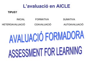 L’avaluació en AICLE
   TIPUS?

         INICIAL   FORMATIVA     SUMATIVA

HETEROAVALUACIÓ    COAVALUACIÓ   AUTOAVALUACIÓ




                                        Neus Lorenzo




                                            Neus Lorenzo
 