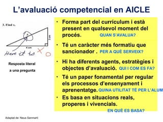 L’avaluació competencial en AICLE
                            • Forma part del currículum i està
                              present en qualsevol moment del
                              procés.       QUAN S’AVALUA?

                            • Té un caràcter més formatiu que
                              sancionador . PER A QUÈ SERVEIX?

  Resposta literal          • Hi ha diferents agents, estratègies i
   a una pregunta             objectes d’avaluació. QUI I COM ES FA?
                            • Té un paper fonamental per regular
                                                         Neus Lorenzo
                              els processos d’ensenyament i
                              aprenentatge. QUINA UTILITAT TÉ PER L’ALUMN
                            • Es basa en situacions reals,
                              properes i vivencials.
                                                 EN QUÈ ES BASA?
Adaptat de: Neus Sanmartí
                                                            Neus Lorenzo
 