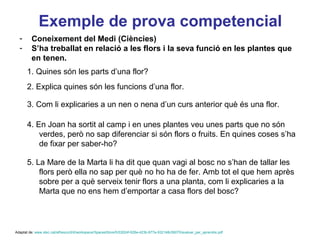Exemple de prova competencial
  -      Coneixement del Medi (Ciències)
  -      S’ha treballat en relació a les flors i la seva funció en les plantes que
         en tenen.
      1. Quines són les parts d’una flor?
      2. Explica quines són les funcions d’una flor.

      3. Com li explicaries a un nen o nena d’un curs anterior què és una flor.

      4. En Joan ha sortit al camp i en unes plantes veu unes parts que no són
          verdes, però no sap diferenciar si són flors o fruits. En quines coses s’ha
          de fixar per saber-ho?

                                                                          Neus Lorenzo
      5. La Mare de la Marta li ha dit que quan vagi al bosc no s’han de tallar les
          flors però ella no sap per què no ho ha de fer. Amb tot el que hem après
          sobre per a què serveix tenir flors a una planta, com li explicaries a la
          Marta que no ens hem d’emportar a casa flors del bosc?



Adaptat de: www.xtec.cat/alfresco/d/d/workspace/SpacesStore/fc53024f-626e-423b-877a-932148c56075/avaluar_per_aprendre.pdf
                                                                                                                            Neus Lorenzo
 