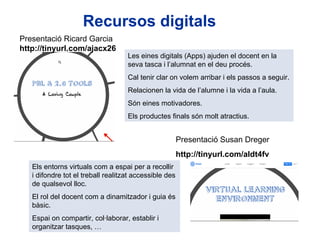 Recursos digitals
Presentació Ricard Garcia
http://tinyurl.com/ajacx26
                                    Les eines digitals (Apps) ajuden el docent en la
                                    seva tasca i l’alumnat en el deu procés.
                                    Cal tenir clar on volem arribar i els passos a seguir.
                                    Relacionen la vida de l’alumne i la vida a l’aula.
                                    Són eines motivadores.
                                    Els productes finals són molt atractius.


                                                        Presentació Susan Dreger
                                                        http://tinyurl.com/aldt4fv
                                                                              Neus Lorenzo
   Els entorns virtuals com a espai per a recollir
   i difondre tot el treball realitzat accessible des
   de qualsevol lloc.
   El rol del docent com a dinamitzador i guia és
   bàsic.
   Espai on compartir, col·laborar, establir i
   organitzar tasques, …
                                                                                  Neus Lorenzo
 