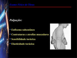 Exame Físico do Tórax




Palpação:


 Enfisema subcutâneo
 Contraturas e atrofias musculares
 Sensibilidade torácica
 Elasticidade torácica
 