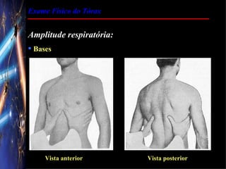 Exame Físico do Tórax


Amplitude respiratória:
 Bases




     Vista anterior       Vista posterior
 