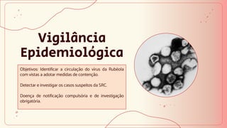 Vigilância
Epidemiológica
Objetivos: Identificar a circulação do vírus da Rubéola
com vistas a adotar medidas de contenção.
Detectar e investigar os casos suspeitos da SRC.
Doença de notificação compulsória e de investigação
obrigatória.
 