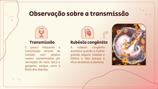 Transmissão Rubéola congênita
Observação sobre a transmissão
É pouco frequente a
transmissão através do
contato com objetos
recém- contaminados por
secreções de nariz, boca e
garganta, sangue, urina e
fezes dos doentes.
A rubéola congênita
acontece quando a mulher
grávida adquire rubéola e
infecta o feto porque o
Vírus atravessa a placenta.
 