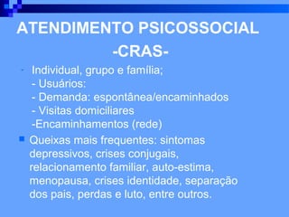 ATENDIMENTO PSICOSSOCIAL
         -CRAS-
-    Individual, grupo e família;
     - Usuários:
     - Demanda: espontânea/encaminhados
     - Visitas domiciliares
     -Encaminhamentos (rede)
   Queixas mais frequentes: sintomas
    depressivos, crises conjugais,
    relacionamento familiar, auto-estima,
    menopausa, crises identidade, separação
    dos pais, perdas e luto, entre outros.
 