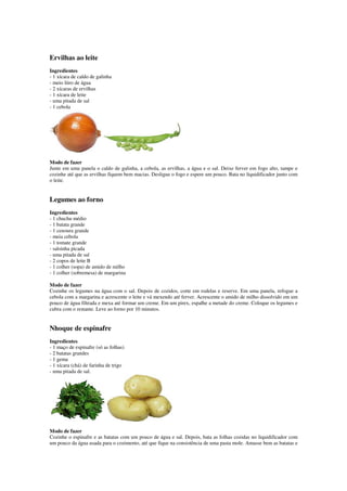 Ervilhas ao leite
Ingredientes
- 1 xícara de caldo de galinha
- meio litro de água
- 2 xícaras de ervilhas
- 1 xícara de leite
- uma pitada de sal
- 1 cebola
Modo de fazer
Junte em uma panela o caldo de galinha, a cebola, as ervilhas, a água e o sal. Deixe ferver em fogo alto, tampe e
cozinhe até que as ervilhas fiquem bem macias. Desligue o fogo e espere um pouco. Bata no liquidificador junto com
o leite.
Legumes ao forno
Ingredientes
- 1 chuchu médio
- 1 batata grande
- 1 cenoura grande
- meia cebola
- 1 tomate grande
- salsinha picada
- uma pitada de sal
- 2 copos de leite B
- 1 colher (sopa) de amido de milho
- 1 colher (sobremesa) de margarina
Modo de fazer
Cozinhe os legumes na água com o sal. Depois de cozidos, corte em rodelas e reserve. Em uma panela, refogue a
cebola com a margarina e acrescente o leite e vá mexendo até ferver. Acrescente o amido de milho dissolvido em um
pouco de água filtrada e mexa até formar um creme. Em um pirex, espalhe a metade do creme. Coloque os legumes e
cubra com o restante. Leve ao forno por 10 minutos.
Nhoque de espinafre
Ingredientes
- 1 maço de espinafre (só as folhas)
- 2 batatas grandes
- 1 gema
- 1 xícara (chá) de farinha de trigo
- uma pitada de sal.
Modo de fazer
Cozinhe o espinafre e as batatas com um pouco de água e sal. Depois, bata as folhas cozidas no liquidificador com
um pouco da água usada para o cozimento, até que fique na consistência de uma pasta mole. Amasse bem as batatas e
 