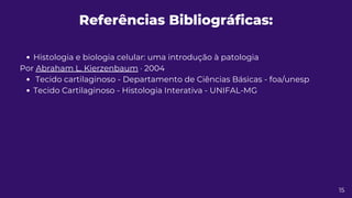 Referências Bibliográficas:
Histologia e biologia celular: uma introdução à patologia
Tecido cartilaginoso - Departamento de Ciências Básicas - foa/unesp
Tecido Cartilaginoso - Histologia Interativa - UNIFAL-MG
Por Abraham L. Kierzenbaum · 2004
15
 