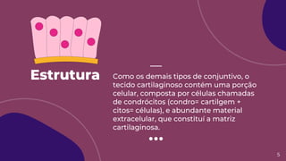 Estrutura Como os demais tipos de conjuntivo, o
tecido cartilaginoso contém uma porção
celular, composta por células chamadas
de condrócitos (condro= cartilgem +
citos= células), e abundante material
extracelular, que constituí a matriz
cartilaginosa.
5
 