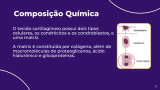 Composição Química
O tecido cartilaginoso possui dois tipos
celulares, os condrócitos e os condroblastos, e
uma matriz.
A matriz é constituída por colágeno, além de
macromoléculas de proteoglicanos, ácido
hialurônico e glicoproteínas.
9
 