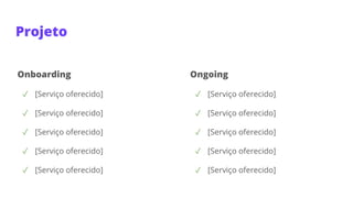Projeto
Onboarding
✓ [Serviço oferecido]
✓ [Serviço oferecido]
✓ [Serviço oferecido]
✓ [Serviço oferecido]
✓ [Serviço oferecido]
Ongoing
✓ [Serviço oferecido]
✓ [Serviço oferecido]
✓ [Serviço oferecido]
✓ [Serviço oferecido]
✓ [Serviço oferecido]
 