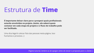 Página tutorial, lembre-se de apagar antes de enviar a proposta para o cliente :)
Estrutura de Time
É importante deixar claro para o prospect quais profissionais
estarão envolvidos no projeto. Assim, ele saberá quem
contatar em cada etapa do projeto e o fluxo de trabalho pode
ser facilitado.
Uma dica legal é colocar foto das pessoas nesta página. Isso
humaniza o processo. ;)
 