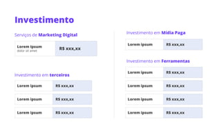 Investimento
Investimento em terceiros
Investimento em Mídia Paga
Lorem ipsum R$ xxx,xx
Serviços de Marketing Digital
Investimento em Ferramentas
Lorem ipsum R$ xxx,xx
Lorem Ipsum
dolor sit amet
R$ xxx,xx
Lorem ipsum R$ xxx,xx
Lorem ipsum R$ xxx,xx
Lorem ipsum R$ xxx,xx
Lorem ipsum R$ xxx,xx
Lorem ipsum R$ xxx,xx
Lorem ipsum R$ xxx,xx
 