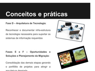 Conceitos e práticas
Fase D – Arquitetura de Tecnologia:
Reconhecer e documentar infra-estrutura
de tecnologia necessária para suportar os
sistemas de informação requeridos
Fases E e F – Oportunidades e
Soluções e Planejamento da Migração:
Consolidação das demais etapas gerando
o portifólio de projetos para atingir a
 