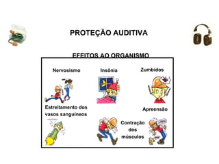 PROTEÇÃO AUDITIVA
Nervosismo
Contração
dos
músculos
Estreitamento dos
vasos sanguíneos
Zumbidos
Apreensão
Insônia
EFEITOS AO ORGANISMO
 