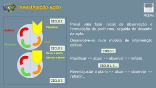 Prevê uma fase inicial de observação e
formulação do problema, seguida do desenho
da ação.
Desenvolve-se num modelo de intervenção
cíclico:
Planificar => atuar => observar => refletir
Rever/ajustar o plano => atuar => observar =>
refletir…
MCEMd
Investigação-ação
CICLO 1
CICLO 2, 3,…
 
