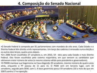 4. Composição do Senado Nacional
•O Senado Federal é composto por 81 parlamentares com mandato de oito anos. Cada Estado e o
Distrito Federal têm direito a três representantes. Um terço das cadeiras é renovado numa eleição e
os outros dois terços, quatro anos depois.
•Em 2006 foram escolhidos 27 senadores e, em 2010, 54 - dois para cada Estado e mais Distrito
Federal. Eles foram escolhidos pelo sistema majoritário, em que vencem os candidatos que
obtiverem maior número de votos (o mesmo sistema válido para presidente e governadores).
•O PMDB manteve sua hegemonia na Casa elegendo 20 senadores, mesmo número de quatro anos
atrás, enquanto o PT passou de 11 para 15. O PSDB vem em terceiro lugar, com 10
senadores, seguido pelo DEM, com 5. A base governista possui 59 senadores (10 a mais do que em
2007) contra 17 na oposição 7
 