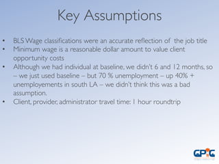 Key Assumptions	

•  BLS Wage classiﬁcations were an accurate reﬂection of the job title	

•  Minimum wage is a reasonable dollar amount to value client
opportunity costs	

•  Although we had individual at baseline, we didn’t 6 and 12 months, so
– we just used baseline – but 70 % unemployment – up 40% +
unemployements in south LA – we didn’t think this was a bad
assumption.	

•  Client, provider, administrator travel time: 1 hour roundtrip	

 