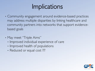 Implications	

•  Community engagement around evidence-based practices
may address multiple disparities by linking healthcare and
community partners into networks that support evidence-
based goals	

	

•  May meet “Triple Aims”	

•  Improved individual experience of care	

•  Improved health of populations	

•  Reduced or equal cost ???	

	

 