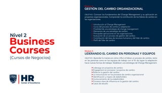 Módulo 4:
Gestión del Cambio Organizacional
Introducción al Change Management
Curva del proceso de cambio y adaptación
Finalidad de una estrategia de change management
Elementos de una estrategia de cambio
Principales aplicaciones en las organizaciones
Evaluación de un proceso de gestión del cambio
Contribución del área de recursos humanos y del líder de cambio
Perfil del líder de cambio
OBJETIVO: Conocer los fundamentos del Change Management y su aplicación en
proyectos organizacionales. Comprender la contribución de los líderes de cambio en
las organizaciones.
Módulo 5:
Liderando el Cambio en Personas y Equipos
Liderazgo en proyectos de cambio
Engagement en procesos / proyectos de cambio
Roles en la gestión del cambio
La comunicación en los procesos de cambio organizacional
Identificación y mapeo de stakeholders
Involucramiento de los stakeholders
Procesos clave de influencia en la gestión del cambio
Casos de estudio
OBJETIVO: Aprender la manera en cómo influir al liderar un proceso de cambio, tanto
en las personas como en los equipos de trabajo con el fin de lograr la adaptación
hacia nuevas formas de trabajar. Establecer una estrategia de Change Management.
Business
Courses
Nivel 2
(Cursos de Negocios)
 