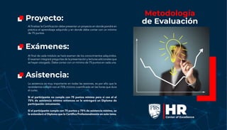 Proyecto:
Exámenes:
Asistencia:
Al final de cada módulo se hará examen de los conocimientos adquiridos.
El examen integrará preguntas de la presentación y lecturas adicionales que
se hayan otorgado. Debe contar con un mínimo de 75 puntos en cada una.
Al finalizar la Certificación debe presentar un proyecto en donde pondrá en
práctica el aprendizaje adquirido y en donde debe contar con un mínimo
de 75 puntos.
La asistencia es muy importante en todas las sesiones, es por ello que le
recordamos cumplir con el 75% mínimo cuantificado en las horas que dura
el curso.
Si el participante no cumple con 75 puntos mínimo pero si con el el
75% de asistencia mínimo entonces se le entregará un Diploma de
participación únicamente.
Si el participante cumple con 75 puntos y 75% de asistencia mínimo, se
le extenderá el Diploma que lo Certifica Profesionalmente en este tema.
Metodología
de Evaluación
 