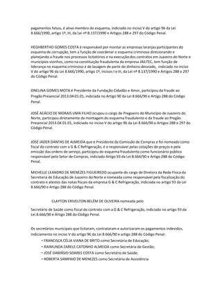 pagamentos falsos, é ativo membro do esquema, indiciado no inciso V do artigo 96 da Lei
8.666/1990, artigo 1º, III, da Lei nº 8.137/1990 e Artigos 288 e 297 do Código Penal.

HEGHBERTHO GOMES COSTA é responsável por montar as empresas laranjas participantes do
esquema de corrupção, tem a função de coordenar o esquema criminoso direcionando e
planejando a fraude nos processos licitatórios e na execução dos contratos em Juazeiro do Norte e
municípios vizinhos, como na constituição fraudulenta da empresa JAILTEC, tem função de
liderança no esquema criminoso e de lavagem de parte do dinheiro desviado, indiciado no inciso
V do artigo 96 da Lei 8.666/1990, artigo 1º, incisos I e III, da Lei nº 8.137/1990 e Artigos 288 e 297
do Código Penal.

ONELINA GOMES MOTA é Presidente da Fundação Cidadão e Amor, participou da fraude ao
Pregão Presencial 2013.04.01.01, indiciada no Artigo 90 da Lei 8.666/90 e Artigo 288 do Código
Penal.
JOSÉ ACÁCIO DE MORAIS LIMA FILHO ocupou o cargo de Pregoeiro do Município de Juazeiro do
Norte, participou diretamente da montagem do esquema fraudulento e da fraude ao Pregão
Presencial 2013.04.01.01, indiciado no inciso V do artigo 96 da Lei 8.666/90 e Artigos 288 e 297 do
Código Penal.

JOSÉ JADER DANTAS DE ALMEIDA que é Presidente da Comissão de Compras e foi nomeado como
fiscal do contrato com a G & C Refrigeração, é o responsável pelas cotações de preços e pela
emissão das ordens de serviço, participou do esquema fraudulento como funcionário público
responsável pelo Setor de Compras, indiciado Artigo 93 da Lei 8.666/90 e Artigo 288 do Código
Penal.
MICHELLE LEANDRO DE MENEZES FIGUEIREDO ocupante do cargo de Diretora da Rede Física da
Secretaria de Educação de Juazeiro do Norte e nomeada como responsável pela fiscalização do
contrato e atestos das notas fiscais da empresa G & C Refrigeração, indiciada no artigo 93 da Lei
8.666/90 e Artigo 288 do Código Penal.

CLAYTON ERIVELTON BELÉM DE OLIVEIRA nomeada pelo
Secretário de Saúde como fiscal do contrato com a G & C Refrigeração, indiciado no artigo 93 da
Lei 8.666/90 e Artigo 288 do Código Penal.

Os secretários municipais que licitaram, contrataram e autorizaram os pagamentos indevidos,
indiciamento no inciso V do artigo 96 da Lei 8.666/90 e artigo 288 do Código Penal:

- FRANCISCA CÉLIA VIANA DE BRITO como Secretária de Educação;
- RAIMUNDA ZARELE CATONHO ALMEIDA como Secretária de Gestão;
- JOSÉ DAMÁSIO SOARES COSTA como Secretário de Saúde;
- ROBERTA SAMPAIO DE MENEZES como Secretária de Assistência

 