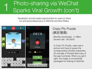 Developers should create opportunities for users to share
fun and personalized pics to WeChat and Sina Weibo.
Crazy Pic Pu...