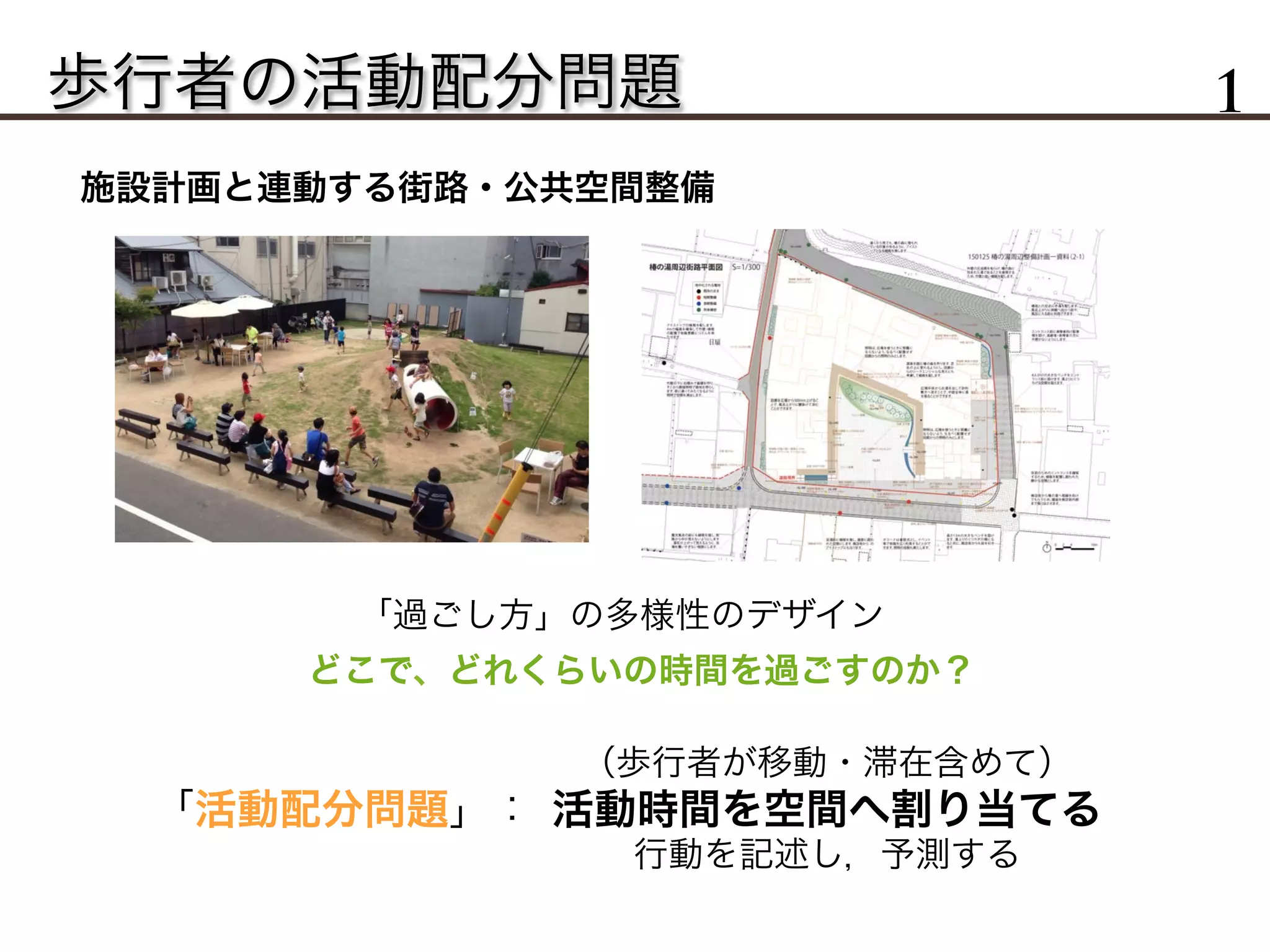 歩行者の活動配分問題 1
「過ごし方」の多様性のデザイン
どこで、どれくらいの時間を過ごすのか？
「活動配分問題」：
施設計画と連動する街路・公共空間整備
（歩行者が移動・滞在含めて）
活動時間を空間へ割り当てる
行動を記述し，予測する
 