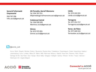 Serveid’Informació
Empresarial
934 767 206
Info.accio@gencat.cat
Alt Penedès, GarrafiMaresme
Tel. 934 767 251
Altpenedesgarrafmaresme.accio@gencat.cat
Catalunya Central
Tel. 936 930 209
Manresa.accio@gencat.cat
Girona
Tel. 872 975 991
Girona.accio@gencat.cat
Lleida
Tel. 973 243 355
Lleida.accio@gencat.cat
Tarragona
Tel. 977 251 717
Tarragona.accio@gencat.cat
Terres de l’Ebre
Tel. 977 449 333
Terresebre.accio@gencat.cat
@accio_cat
 