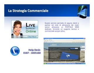 La Strategia CommercialeLa Strategia Commerciale
Questo servizio permette di seguire clienti e
partner nel ciclo di attivazione dei nostri
servizi attraverso un PORTALE WEB
dedicato, fornendo un supporto tecnico e
commerciale sempre attivo.
Help Desk:Help Desk:
01870187 -- 18351601835160
 