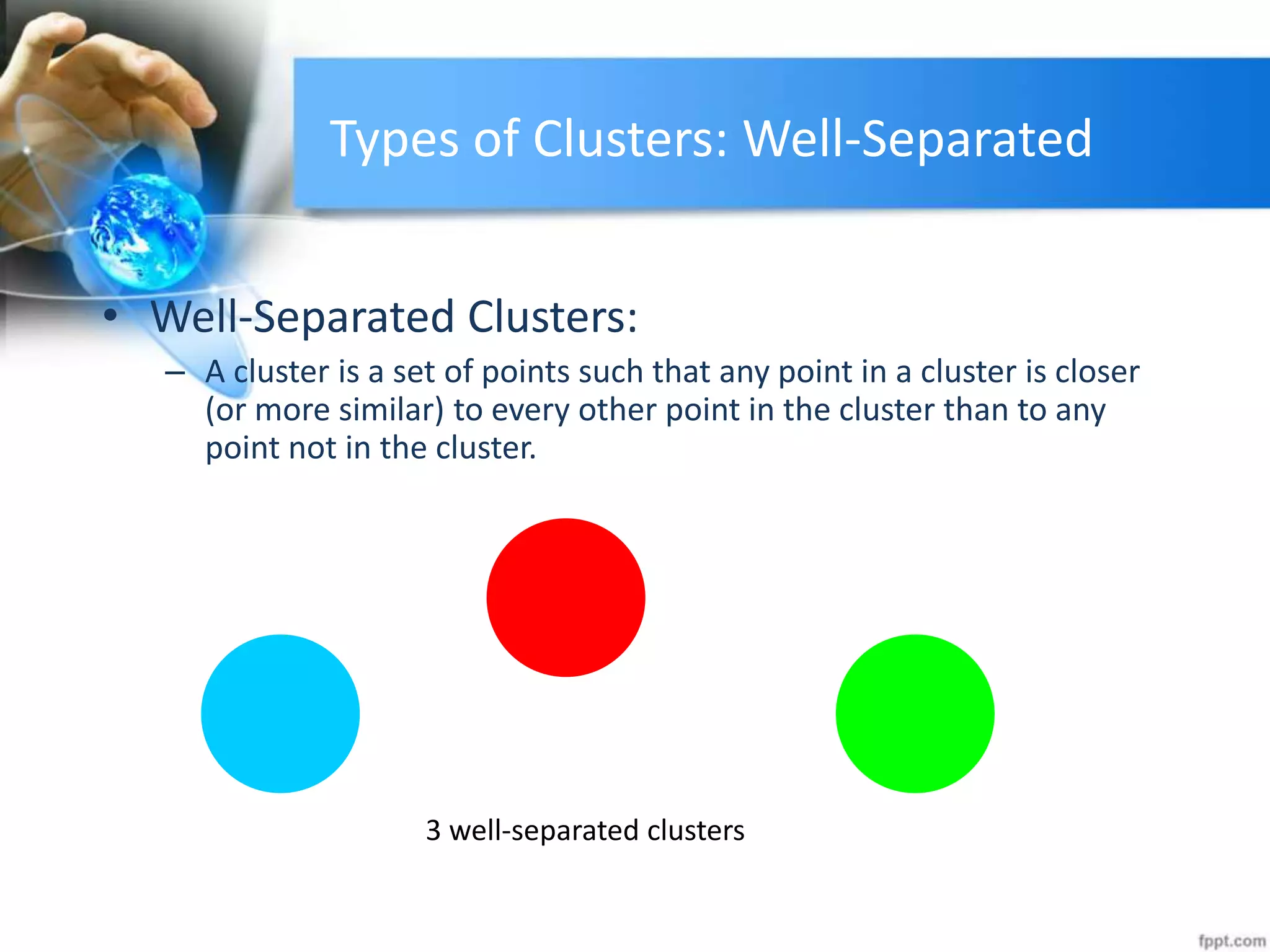 Types of Clusters: Well-Separated
• Well-Separated Clusters:
– A cluster is a set of points such that any point in a cluster is closer
(or more similar) to every other point in the cluster than to any
point not in the cluster.
3 well-separated clusters
 