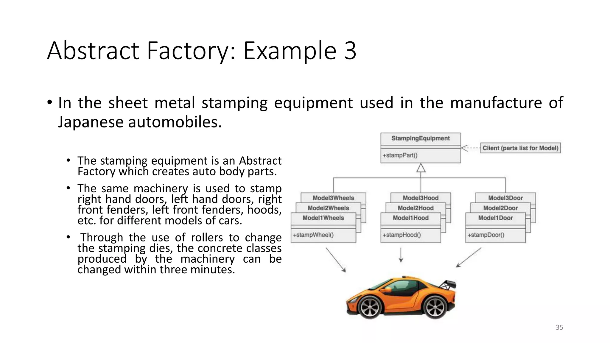 Abstract Factory: Example 3
• In the sheet metal stamping equipment used in the manufacture of
Japanese automobiles.
• The stamping equipment is an Abstract
Factory which creates auto body parts.
• The same machinery is used to stamp
right hand doors, left hand doors, right
front fenders, left front fenders, hoods,
etc. for different models of cars.
• Through the use of rollers to change
the stamping dies, the concrete classes
produced by the machinery can be
changed within three minutes.
35
 