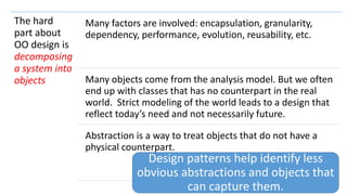 104
The hard
part about
OO design is
decomposing
a system into
objects
Many factors are involved: encapsulation, granularity,
dependency, performance, evolution, reusability, etc.
Many objects come from the analysis model. But we often
end up with classes that has no counterpart in the real
world. Strict modeling of the world leads to a design that
reflect today’s need and not necessarily future.
Abstraction is a way to treat objects that do not have a
physical counterpart.
Design patterns help identify less
obvious abstractions and objects that
can capture them.
 