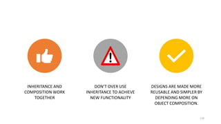 129
INHERITANCE AND
COMPOSITION WORK
TOGETHER
DON’T OVER USE
INHERITANCE TO ACHIEVE
NEW FUNCTIONALITY
DESIGNS ARE MADE MORE
REUSABLE AND SIMPLER BY
DEPENDING MORE ON
OBJECT COMPOSITION.
 