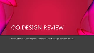 OO DESIGN REVIEW
Pillars of OOP- Class diagram – Interface - relationships between classes
 