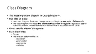 Class Diagram
• The most important diagram in OOD (obligatory).
• Use case Vs class:
• Use cases diagram illustrates the system according to actors point of view while
• The class diagram illustrates the internal structure of the system. It gives an abtract
representation of system objects that will intercat to accomplish uses cases.
• Gives a static view of the system.
• Main elements:
• Classes
• The relation between classes
• association
• generalization
• dependency
• realization
34
 