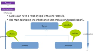 • A class can have a relationship with other classes.
• The main relation is the inheritance (generalization/specialization).
45
Person
Student Professor
superclass
subclasssubclass
generalization
specialization
Account
CheckingAccount
Inheritance
 