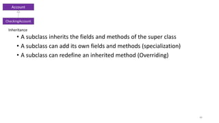 • A subclass inherits the fields and methods of the super class
• A subclass can add its own fields and methods (specialization)
• A subclass can redefine an inherited method (Overriding)
46
Account
CheckingAccount
Inheritance
 