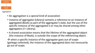 • An aggregation is a special kind of association
• Instance of aggregator (Library) contains a reference to an instance of
aggregated (Book) as part of the aggregator’s state, but the use of the
specific instance of the aggregated is or may be shared among other
aggregators (!= Library).
• A shared association means that the lifetime of the aggregated object
(the instance of Book), is outside the scope of the referencing object.
 when a specific instance of the aggregator goes out of scope
(garbage collected), the instance of the aggregated does not necessarily
go out of scope.
56
Library
Book
Aggregation
 