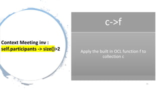 81
c->f
Apply the built in OCL function f to
collection c
Context Meeting inv :
self.participants -> size()>2
 