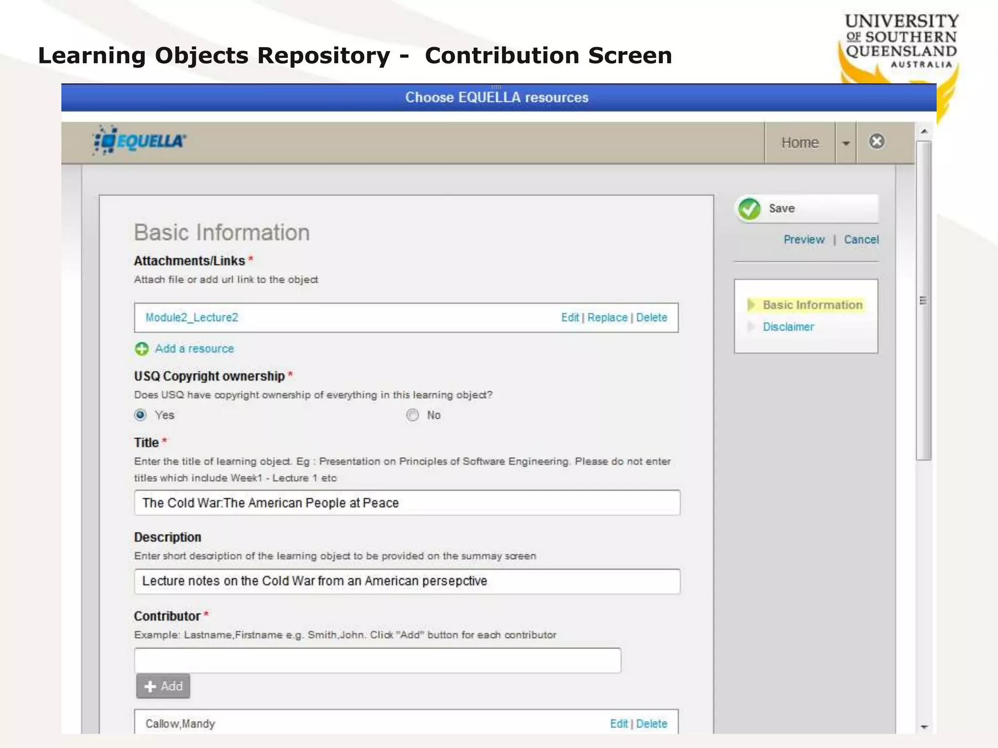 Learning Objects Repository - Contribution Screen
 