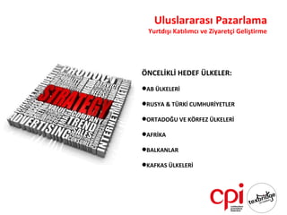 Uluslararası Pazarlama
  Yurtdışı Katılımcı ve Ziyaretçi Geliştirme




ÖNCELİKLİ HEDEF ÜLKELER:
AB ÜLKELERİ

RUSYA & TÜRKİ CUMHURİYETLER

ORTADOĞU VE KÖRFEZ ÜLKELERİ

AFRİKA

BALKANLAR

KAFKAS ÜLKELERİ
 