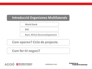 2
Introducció Organismes Multilaterals
World Bank
BID
Com operen? Cicle de projecte.
Com fer-hi negoci?
Banc Africà Desenv...